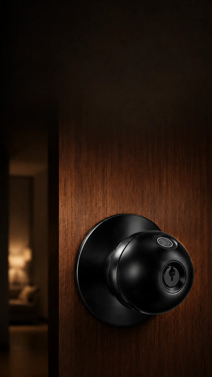Black smart door lock installed on a wooden door in a modern interior