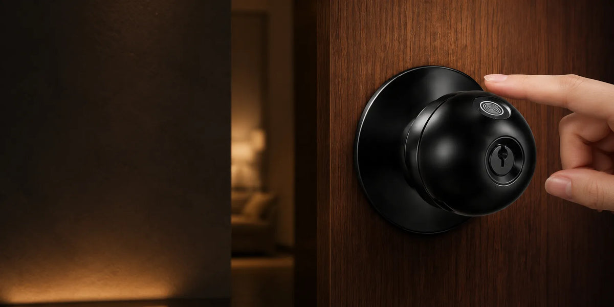 Black fingerprint smart door lock being unlocked on a wooden door