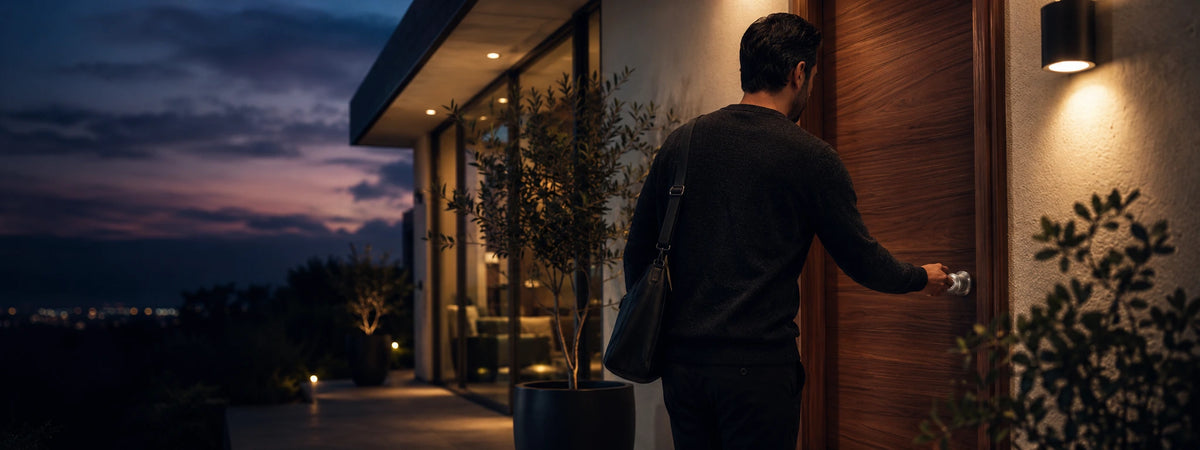 Man using a smart door lock to enter a modern home in the evening