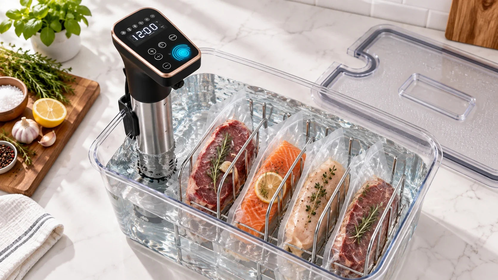 Sous vide container with rack and EMBENLY precision cooker set up