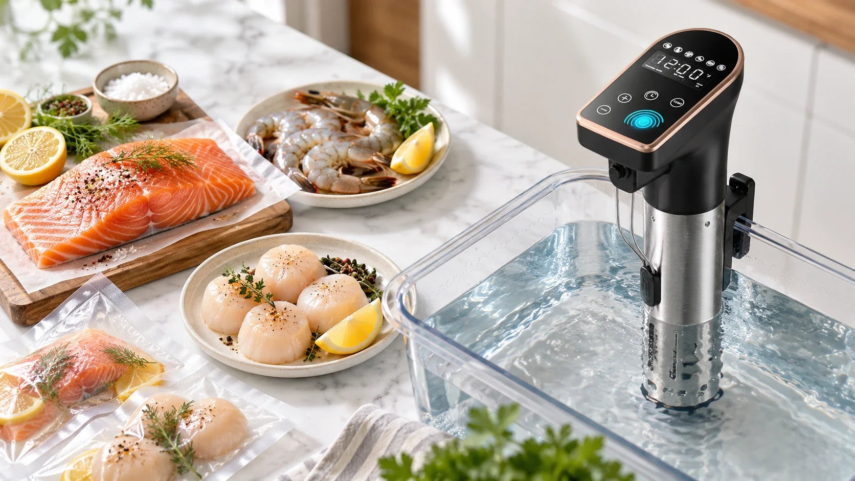 Raw salmon, shrimp, and scallops next to an EMBENLY sous vide immersion circulator clipped to a water bath, ready for cooking