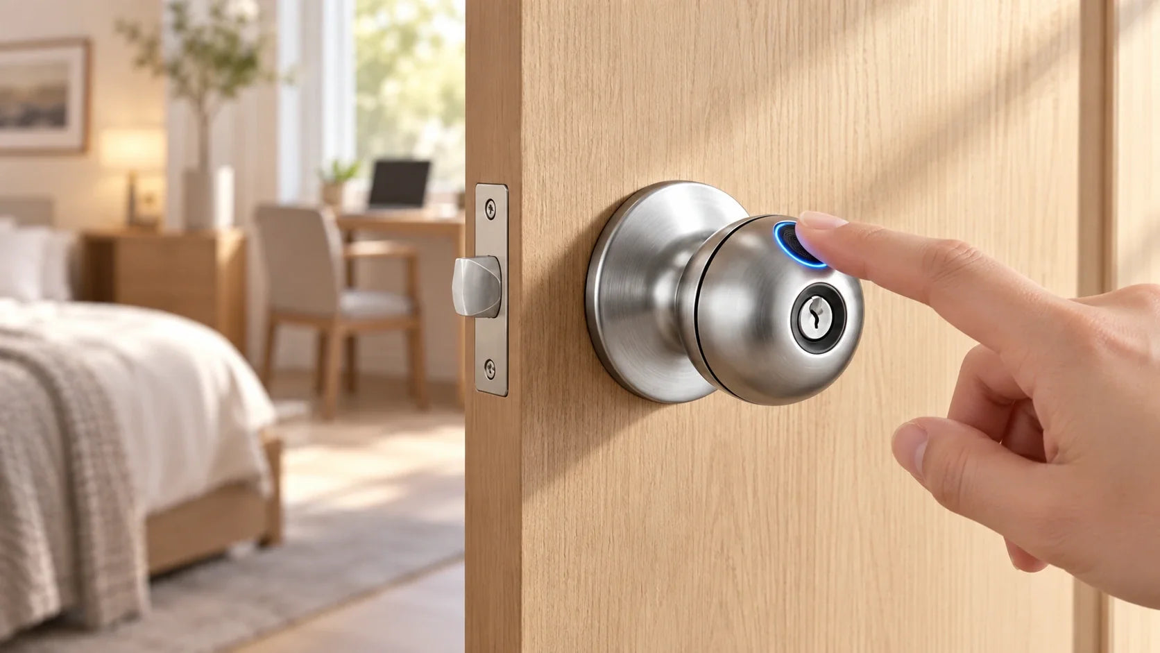 A hand unlocking an EMBENLY fingerprint door knob lock installed on a bedroom door