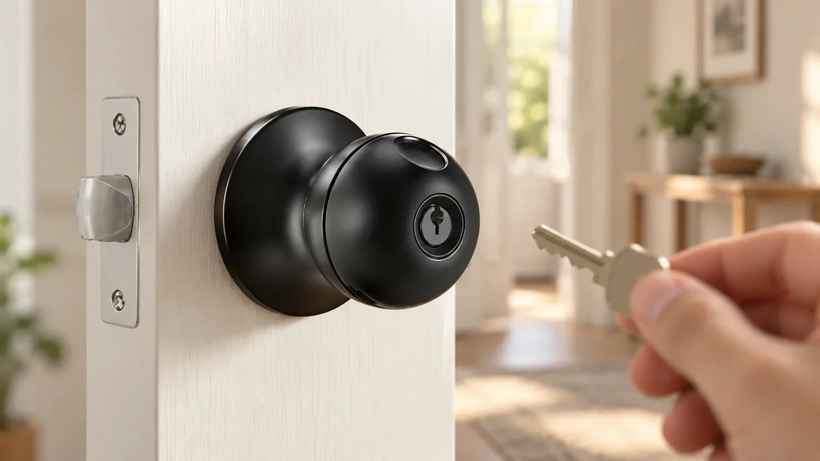Matte black EMBENLY smart door knob lock installed on a wood door, with a backup mechanical key being inserted into the keyhole