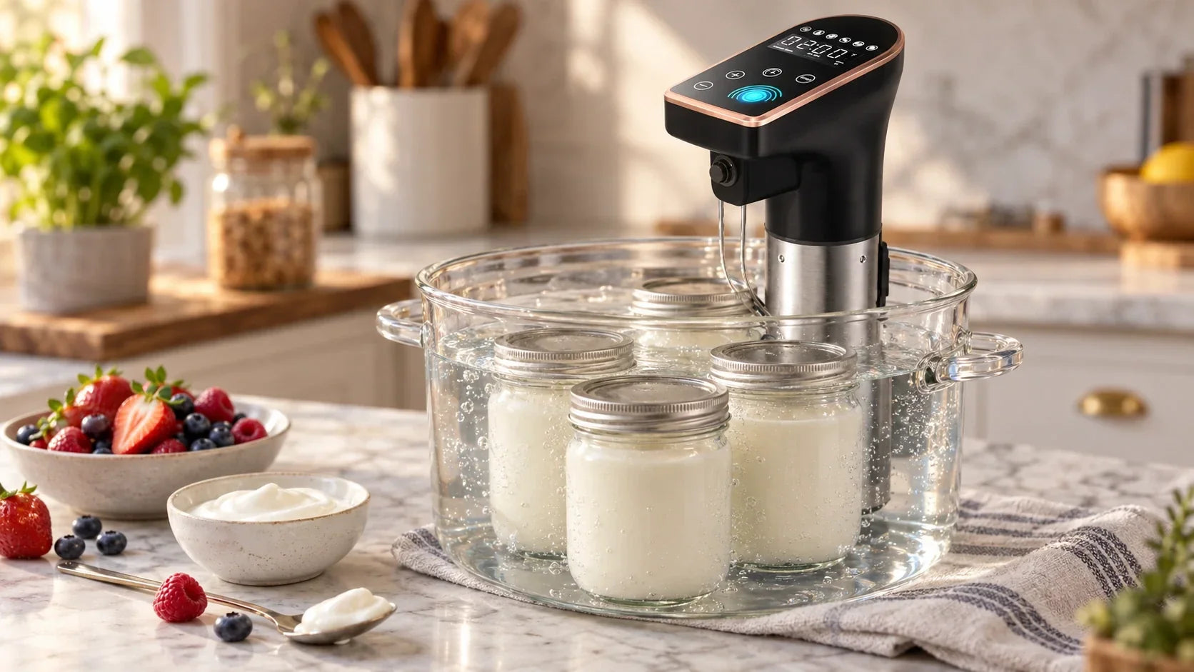 EMBENLY Pro WiFi sous vide precision cooker clipped to a water bath with mason jars of homemade yogurt inside
