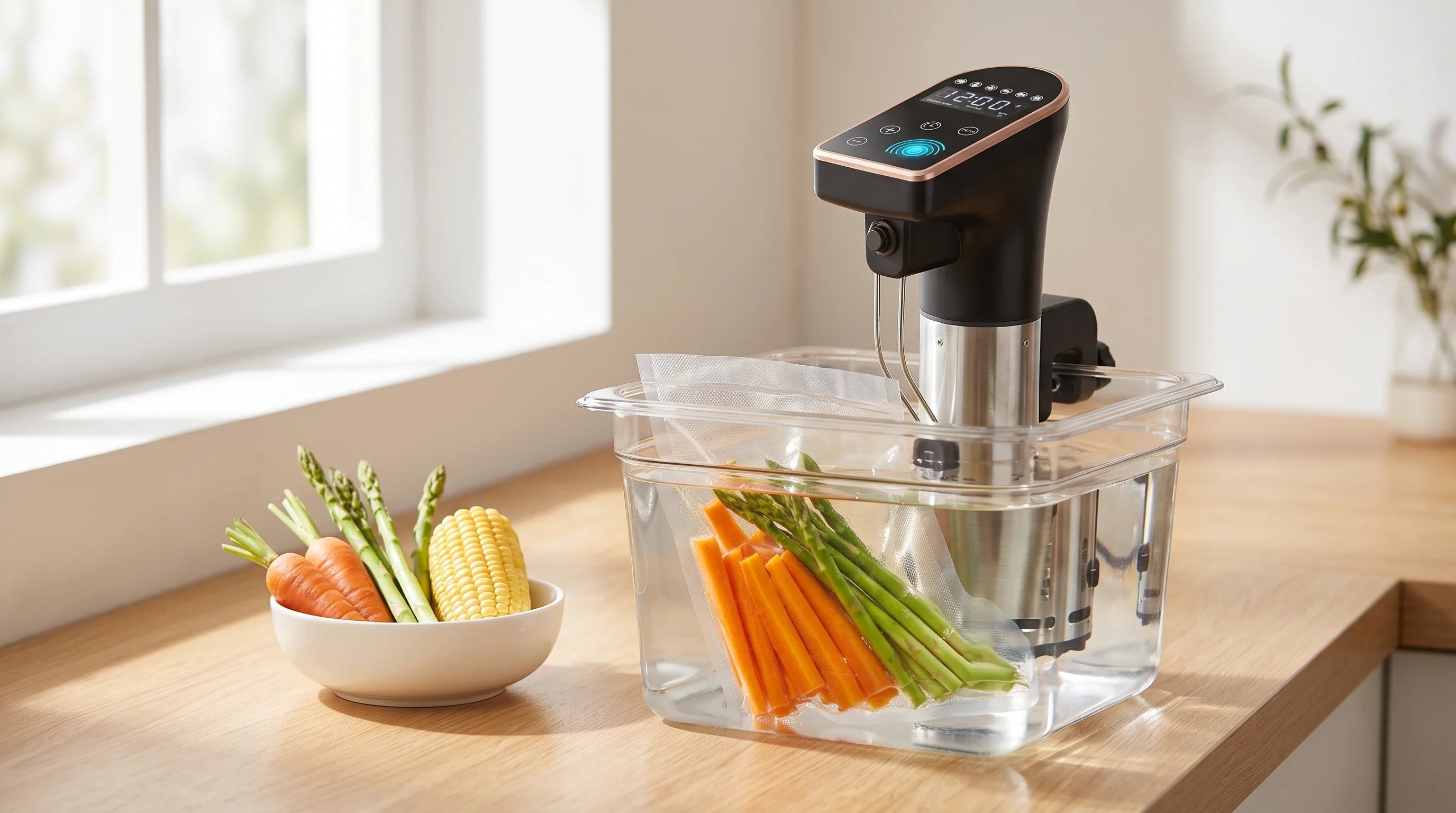 Vacuum-sealed carrots and asparagus cooking in a water bath with an EMBENLY sous vide precision cooker clipped to the container