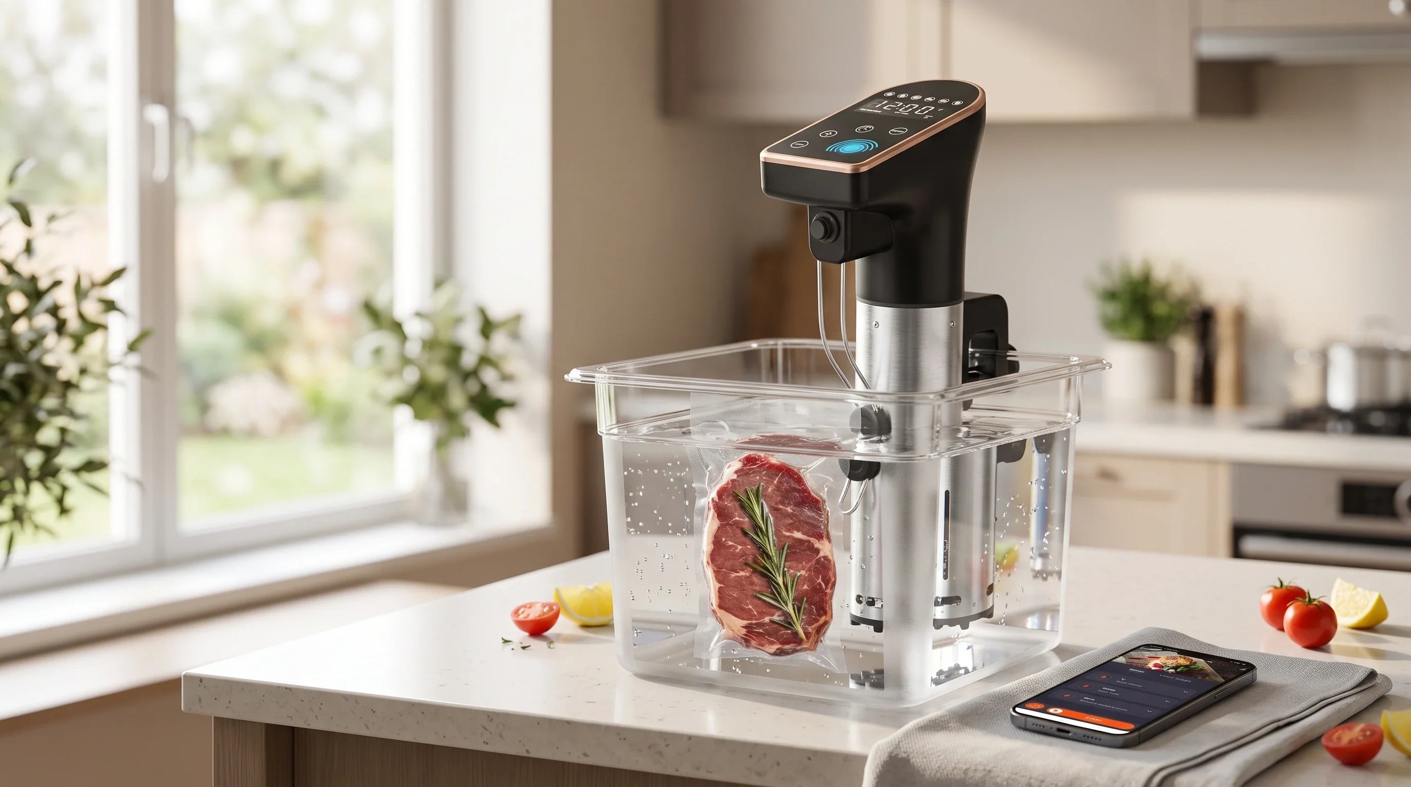 EMBENLY sous vide precision cooker cooking a vacuum-sealed steak in a water bath