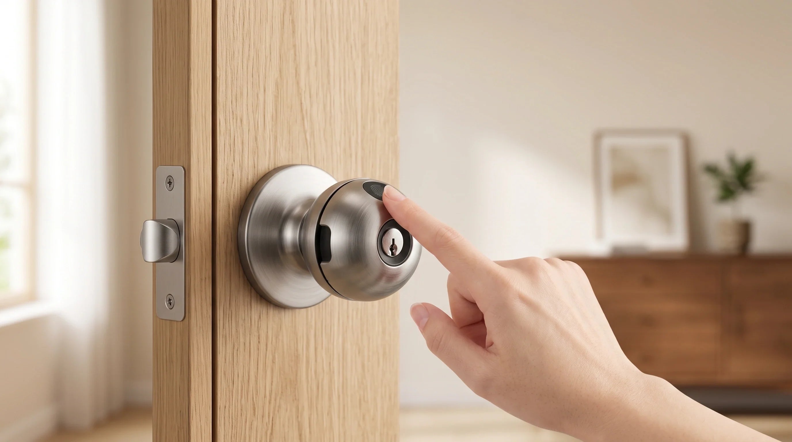 A hand touching the fingerprint sensor on an EMBENLY BL01 smart door knob lock installed on a bedroom door