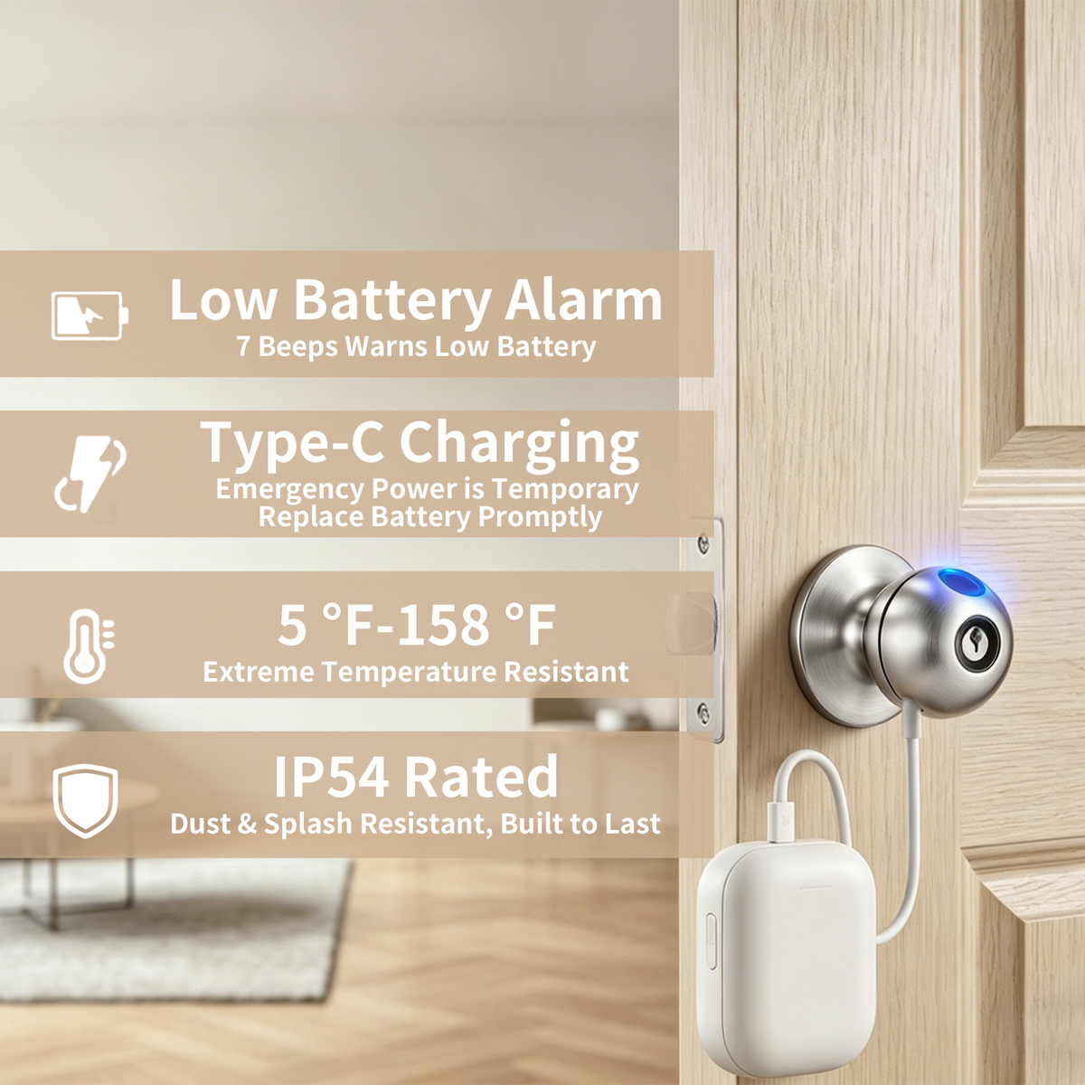 Smart fingerprint door lock with low battery alert, emergency charging and security features