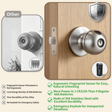 Smart fingerprint door lock showing fingerprint sensor, key access and product details