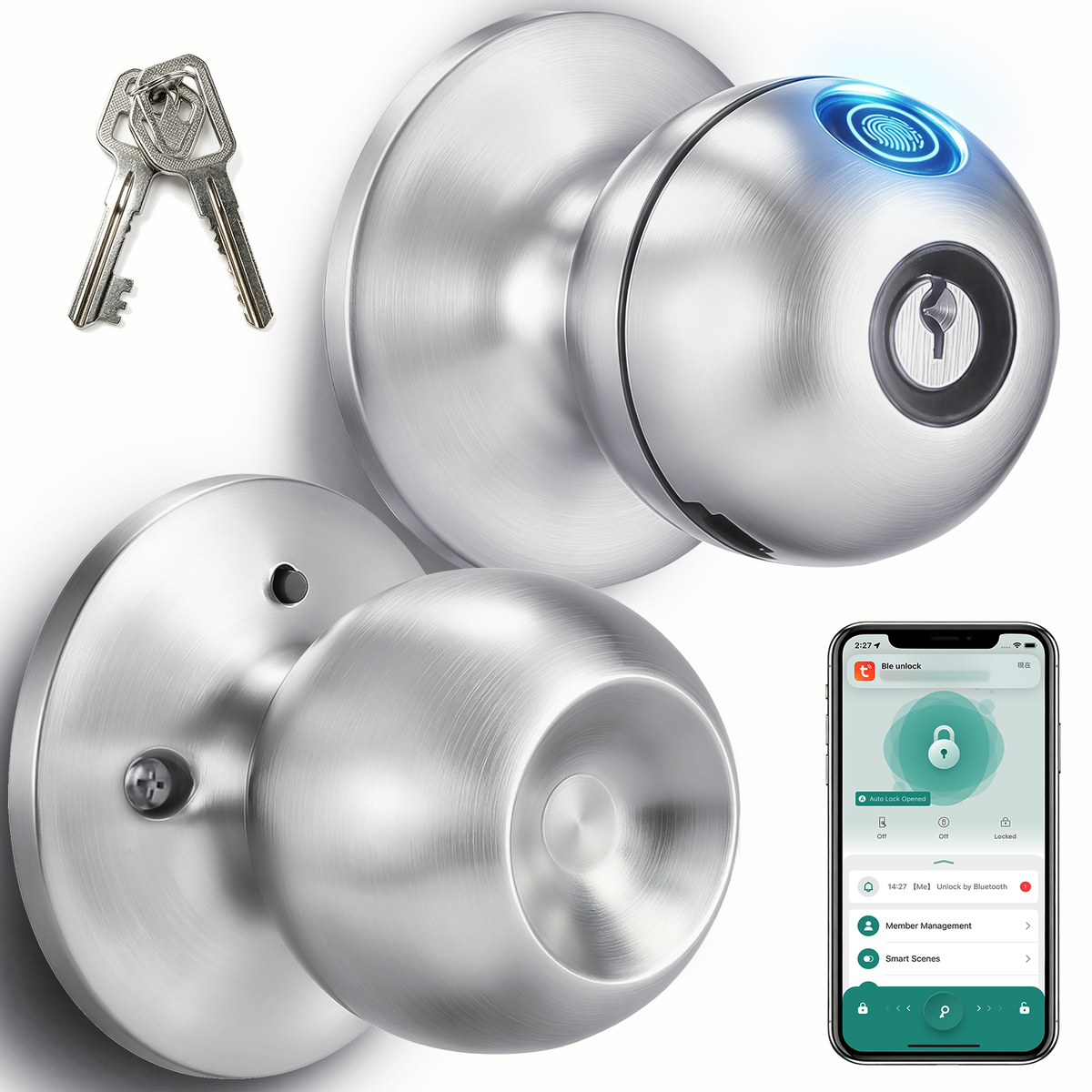 Smart fingerprint door lock with app control, biometric unlocking and backup key access