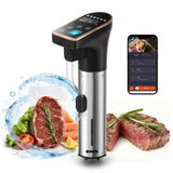Sous vide precision cooker with digital controls shown with steak and fresh ingredients