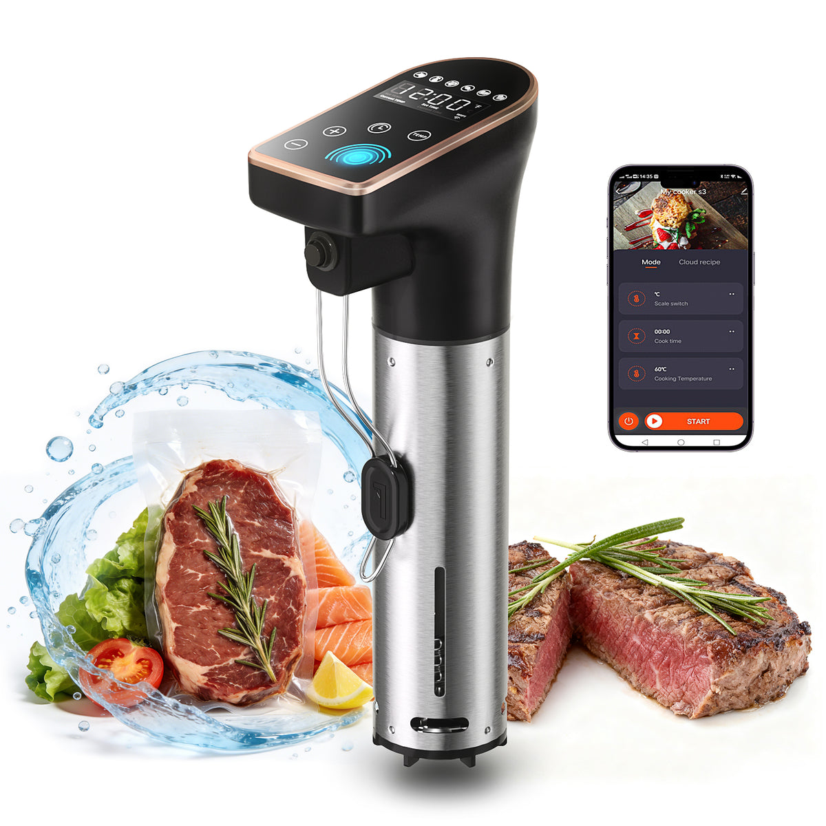 Sous vide precision cooker with digital controls shown with steak and fresh ingredients