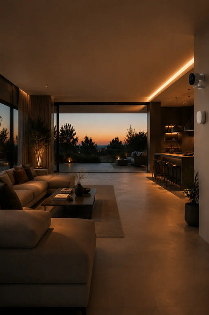 Modern kitchen interior featuring smart home appliances and warm ambient lighting