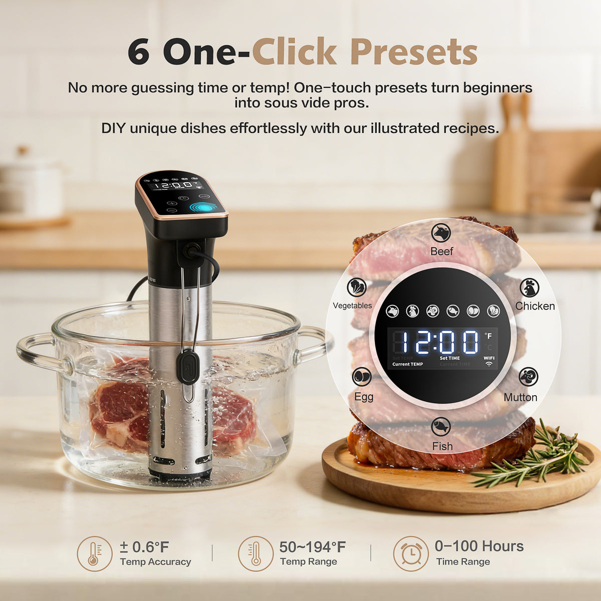 Sous vide cooker with one-click cooking presets for meat, fish and vegetables