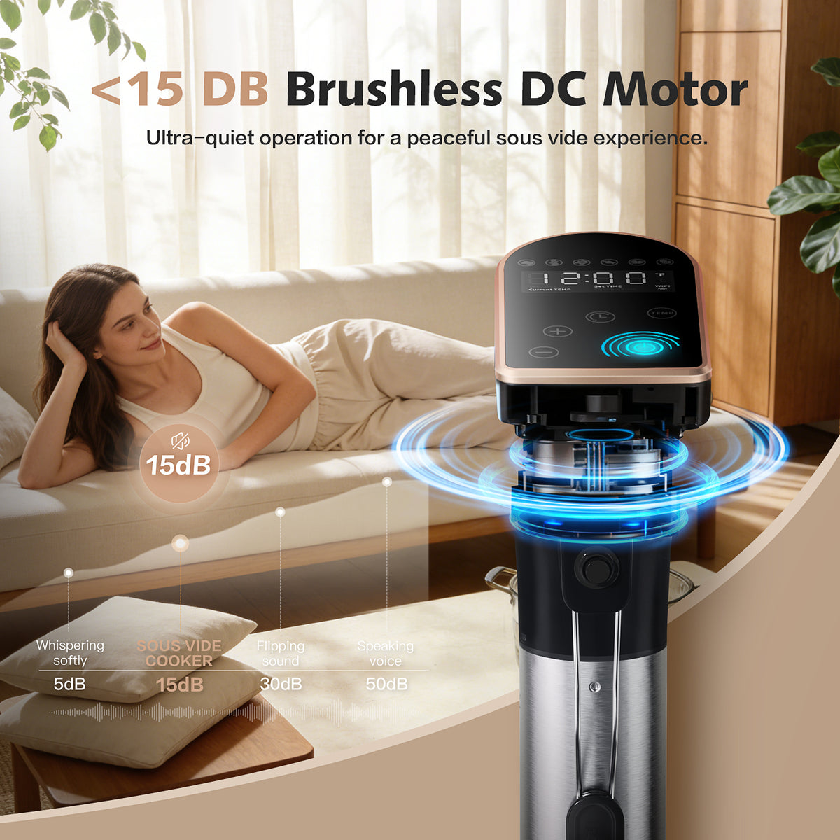Sous vide cooker with app control for precise temperature cooking in a modern kitchen
