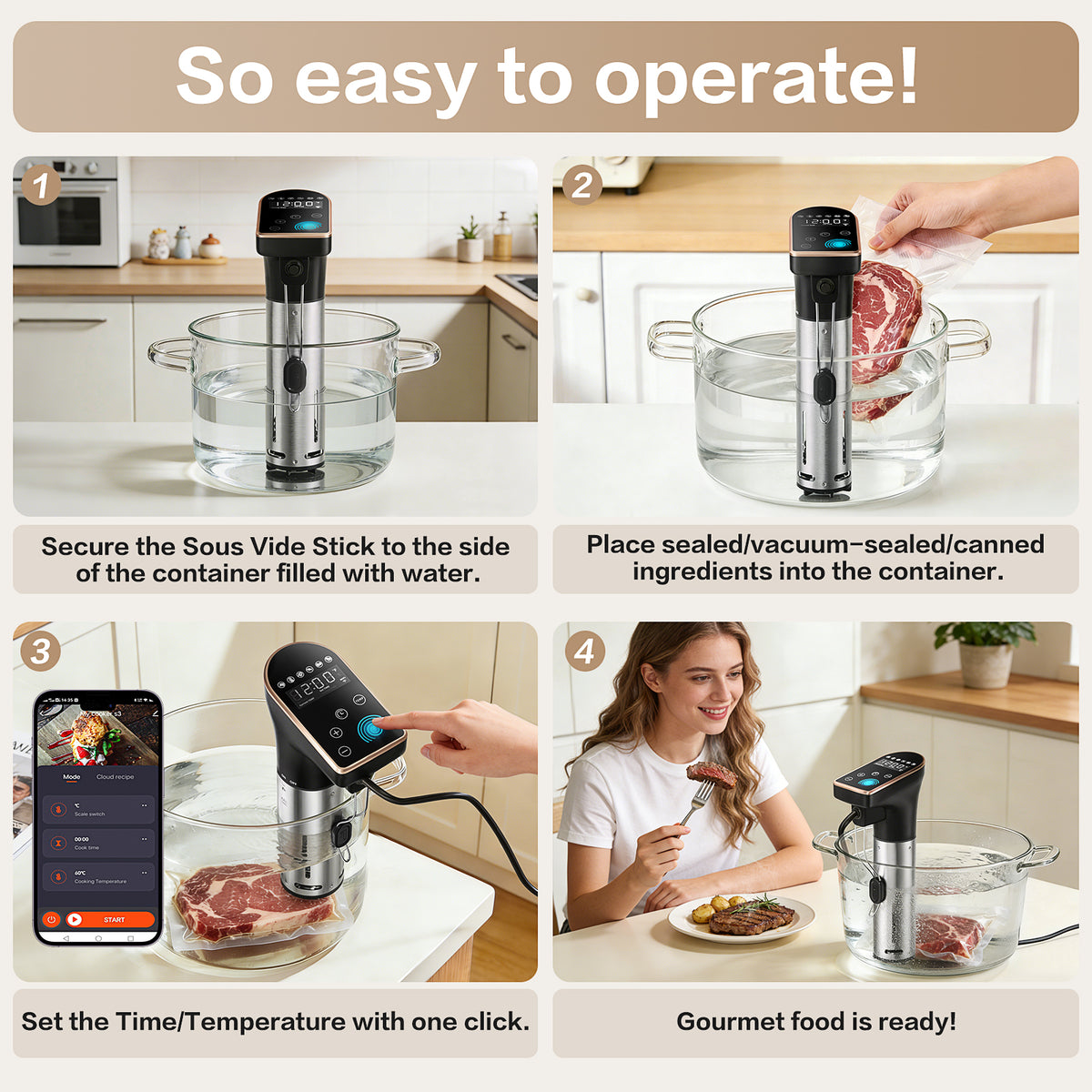 Sous vide cooker step-by-step operation guide showing setup, temperature control and cooking