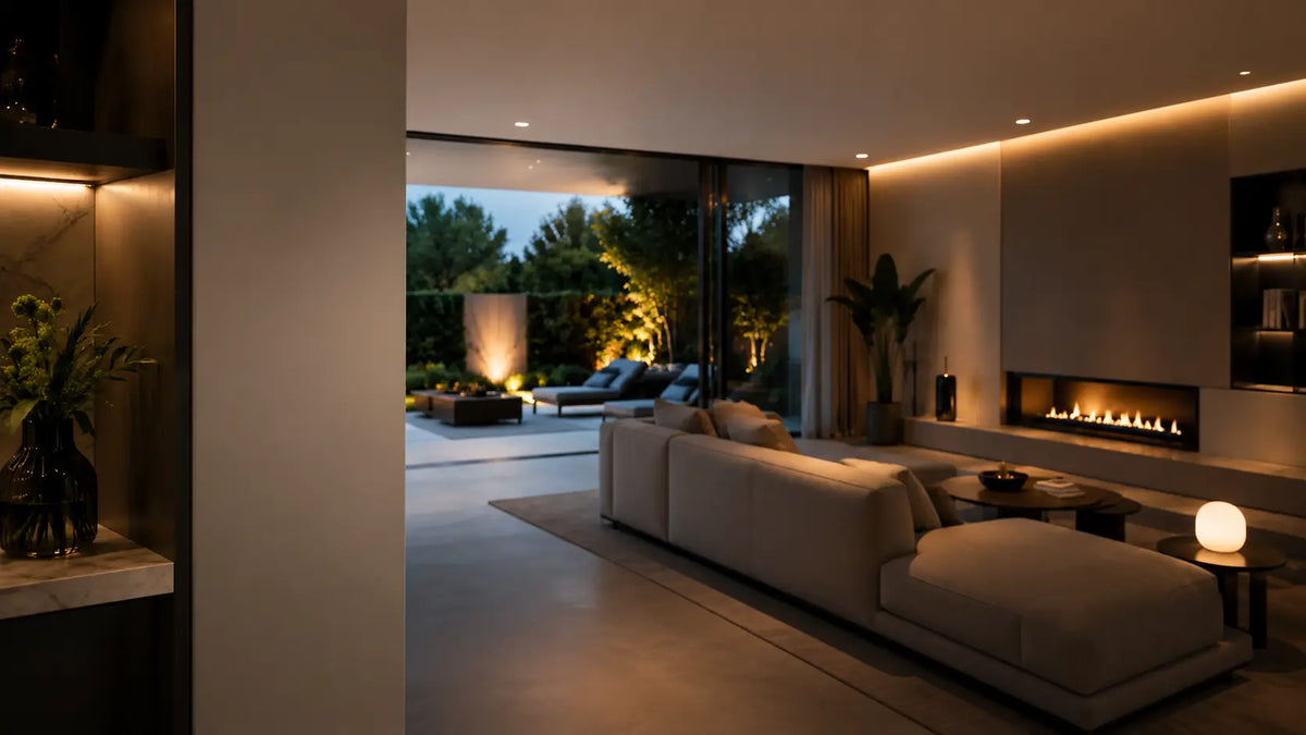 Modern smart home living room with warm ambient lighting and connected home devices