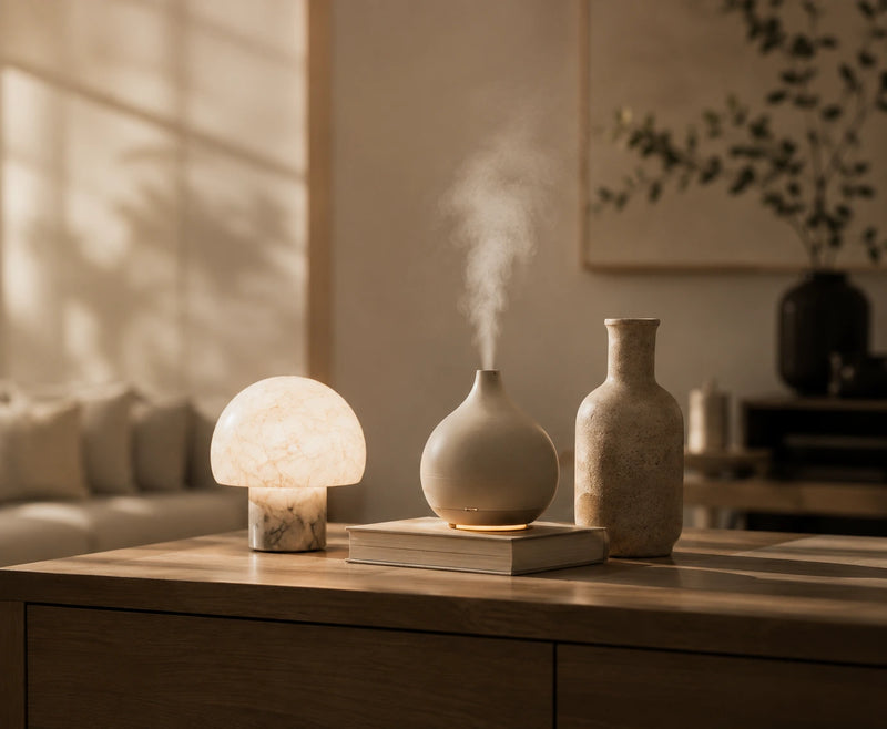 Smart essential oil aroma diffuser emitting mist next to marble mushroom lamp in warm sunlight