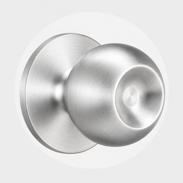 Classic brushed nickel metallic door knob on a seamless white background