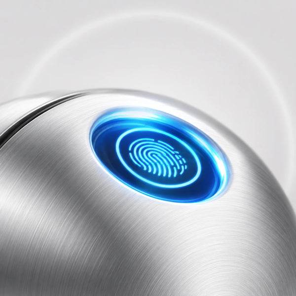 Macro close-up of glowing blue fingerprint sensor on brushed metal smart door knob