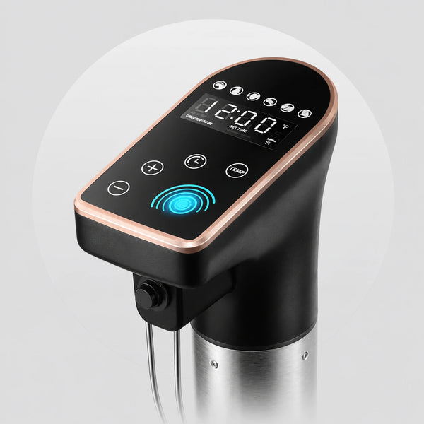 Smart sous vide precision cooker head showing digital display and touch control panel on white background