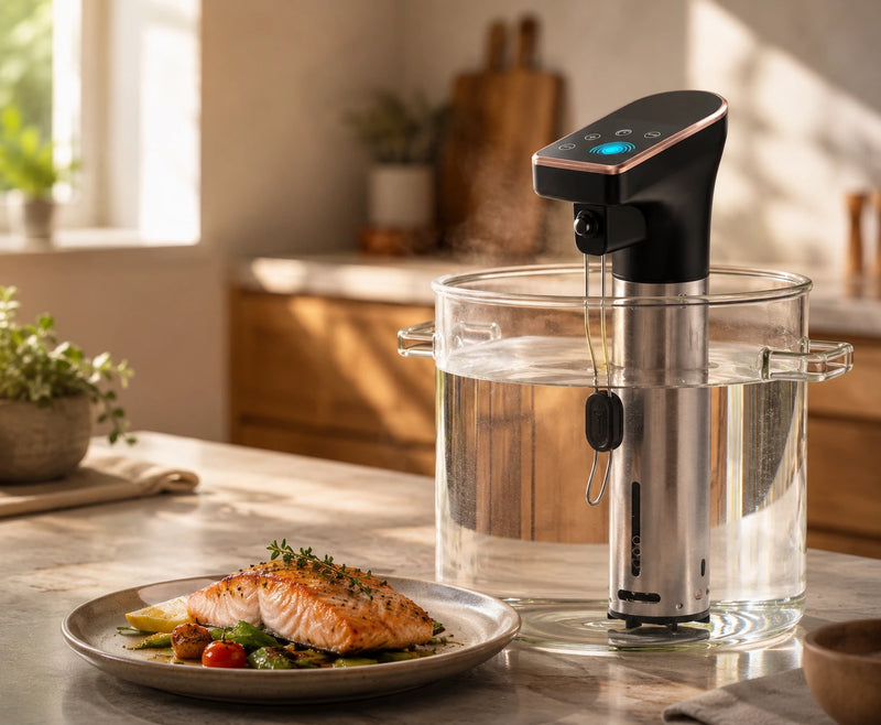 Sous vide precision cooker operating in glass pot next to cooked salmon