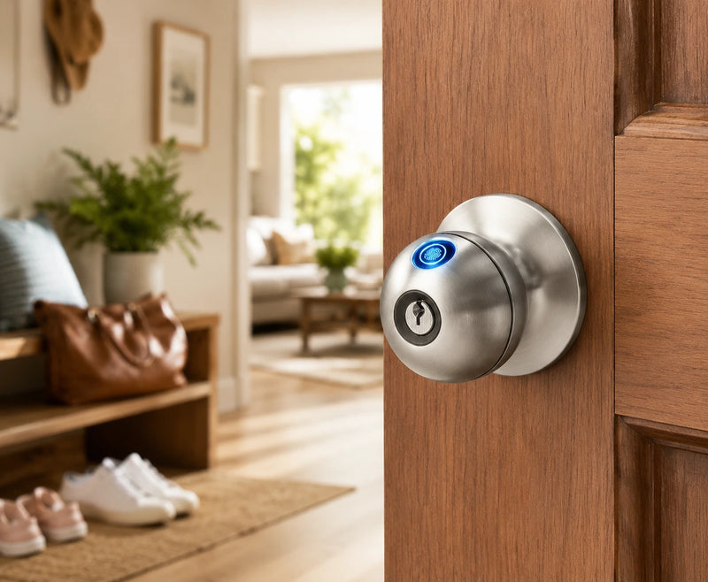 Brushed nickel smart door knob with blue LED indicator on wooden door
