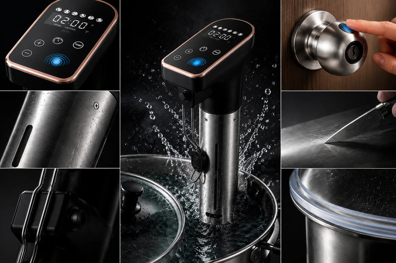 Smart home appliances displayed in a modern dark kitchen setting