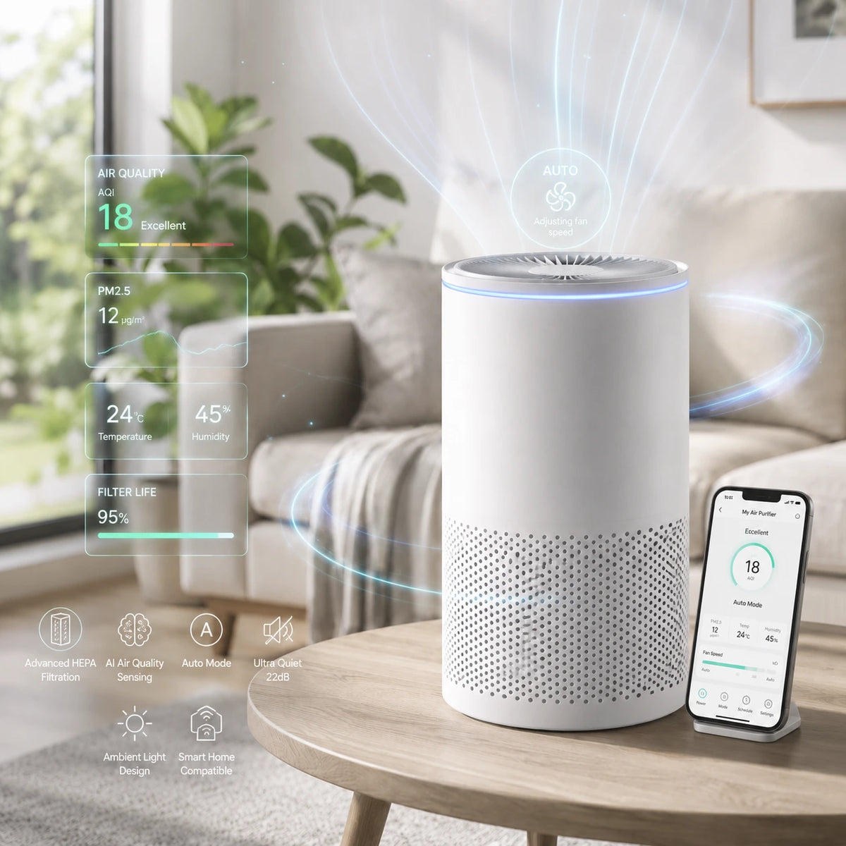 Smart air purifier with app control, air quality monitoring and HEPA filtration in a modern living room