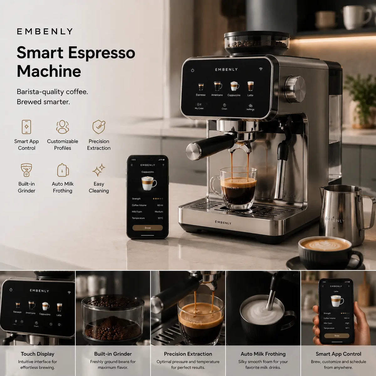 Smart espresso machine with built-in grinder, milk frother and app control in a modern kitchen
