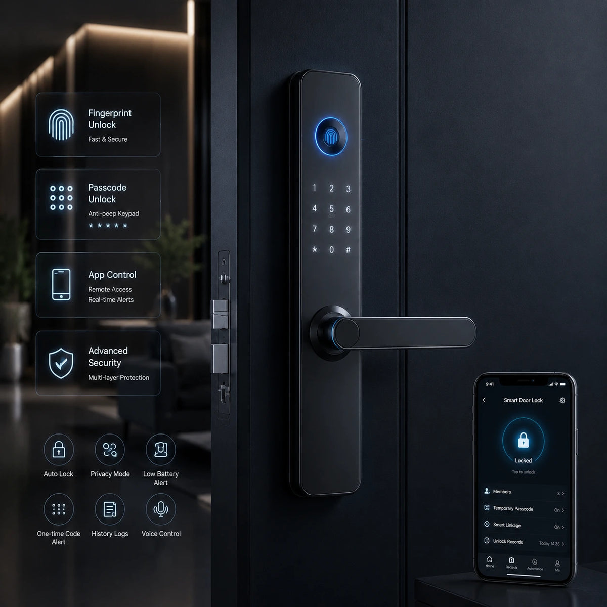 Smart fingerprint door lock with keypad, app control and multiple security features