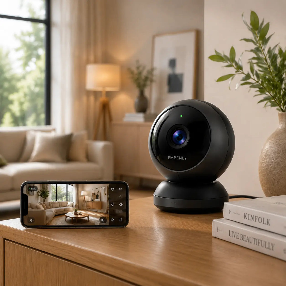 Smart indoor security camera with mobile app monitoring in a modern living room