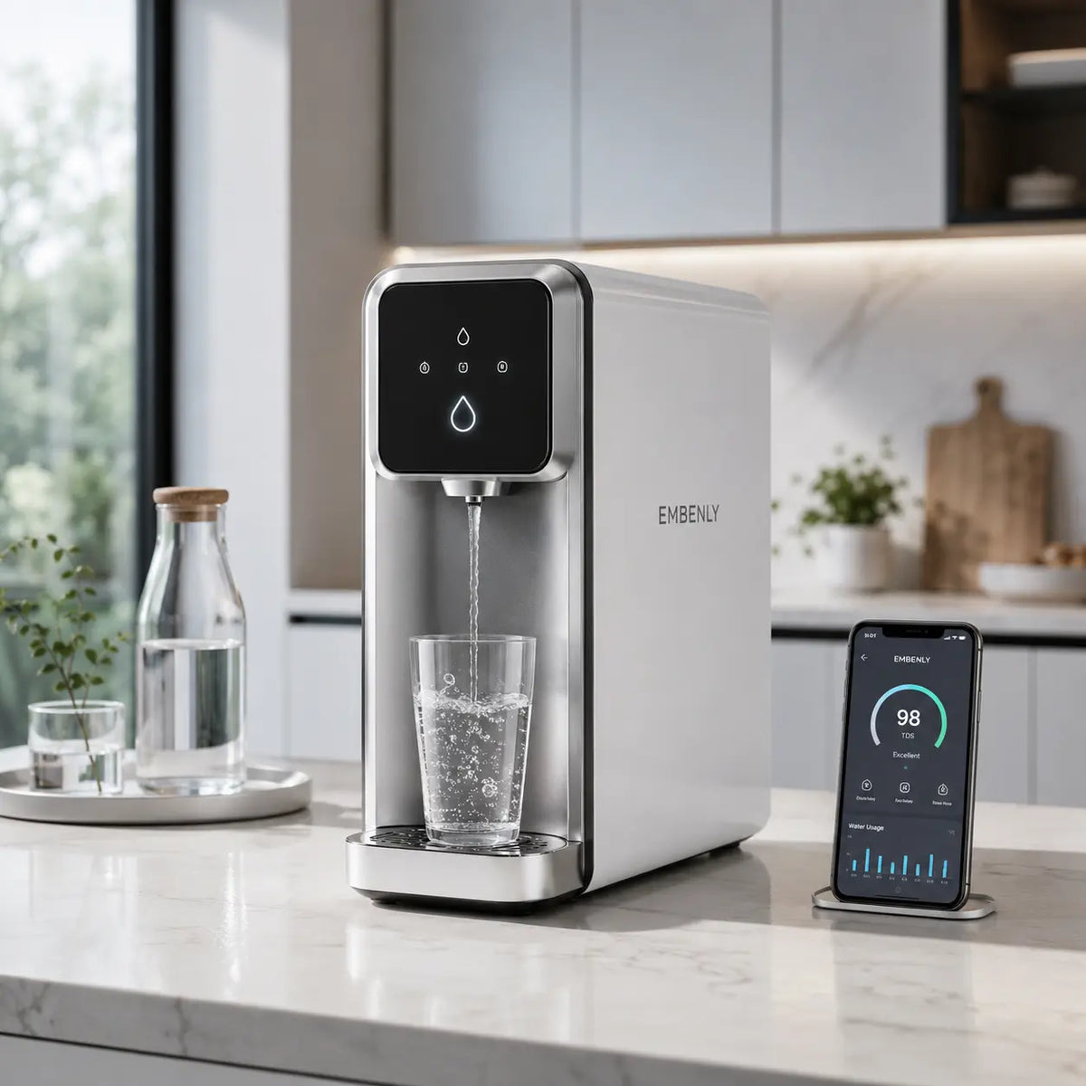 Smart water purifier with touch controls and mobile app monitoring in a modern kitchen