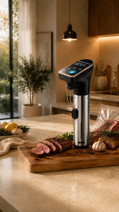 Sous vide precision cooker standing on a kitchen counter beside sliced steak