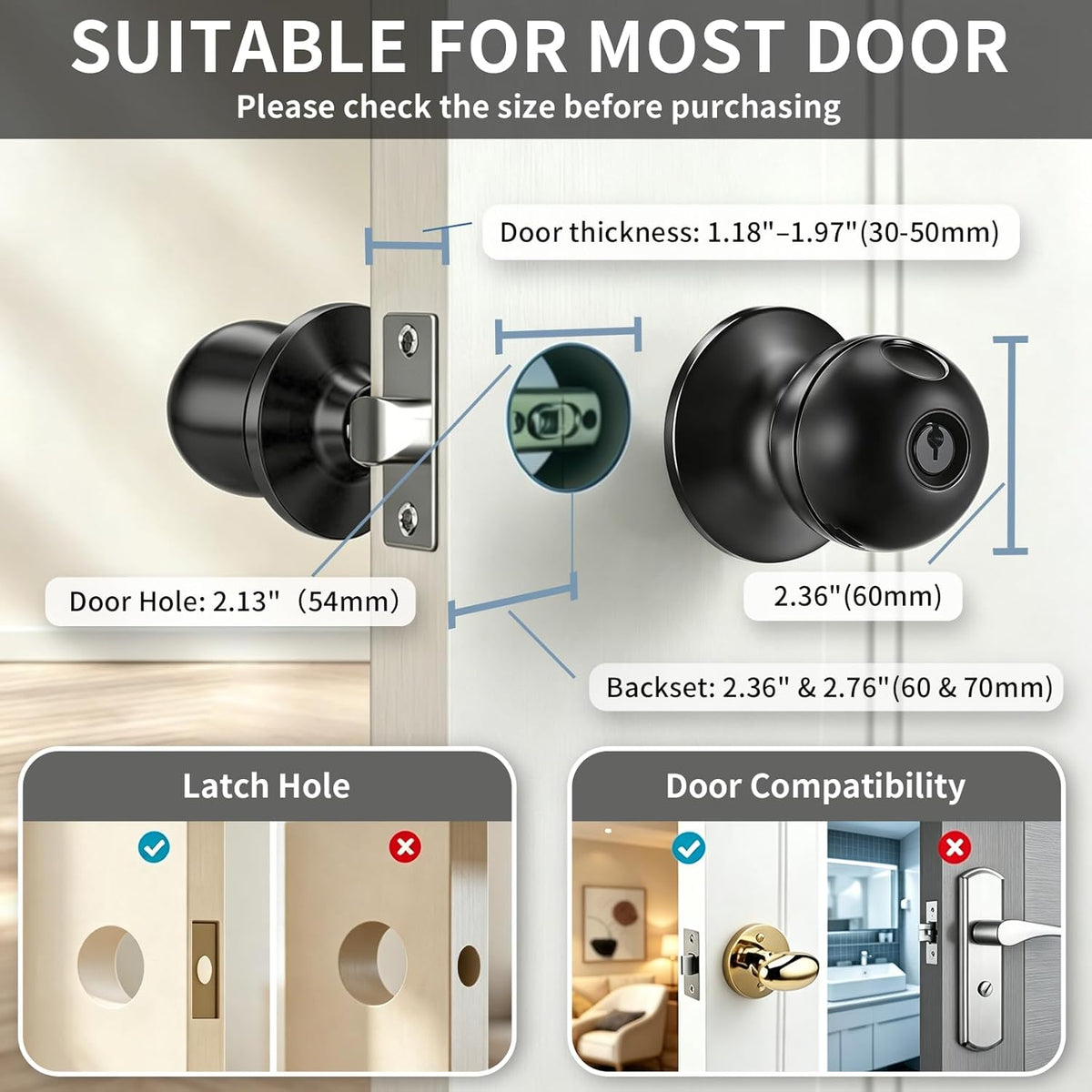 Smart door lock size guide showing door thickness, backset and latch hole compatibility