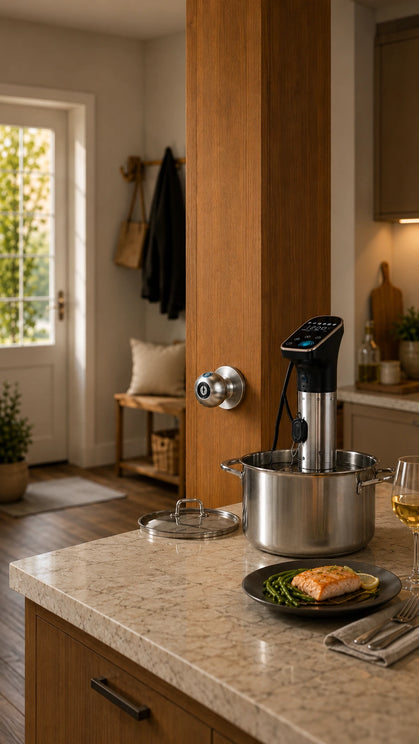 Sous vide cooker in a modern kitchen preparing food in a stainless steel pot