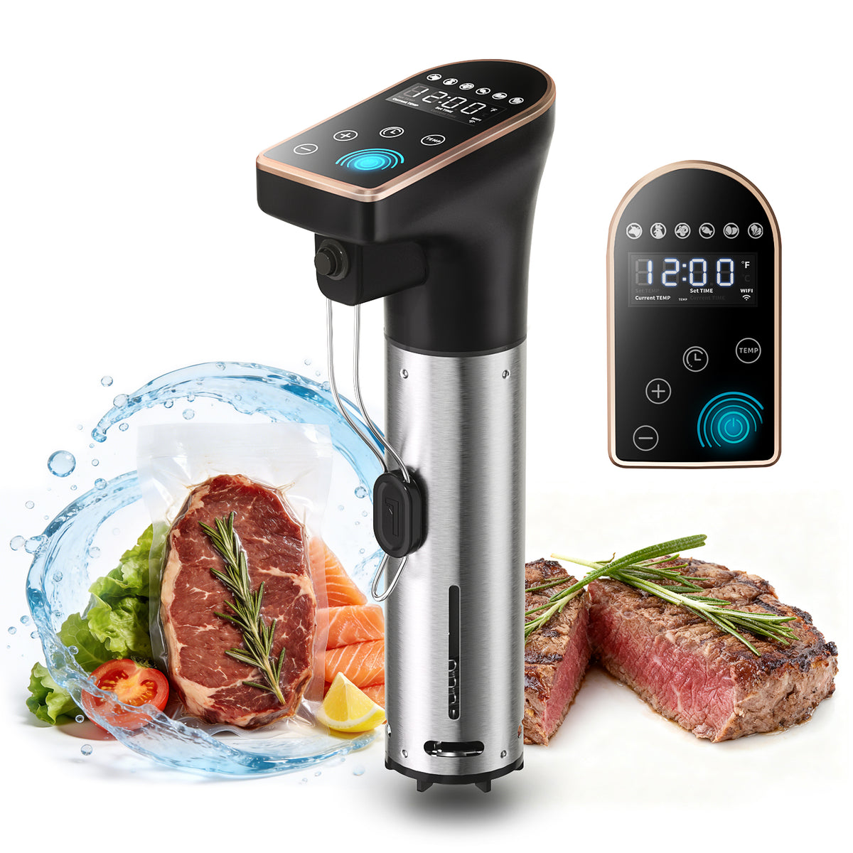 Sous vide precision cooker with digital controls shown with steak and fresh ingredients